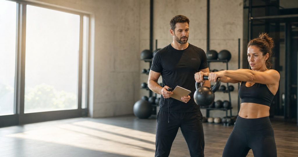 Coach sportif accompagnant un client lors d’un entraînement en salle de fitness moderne