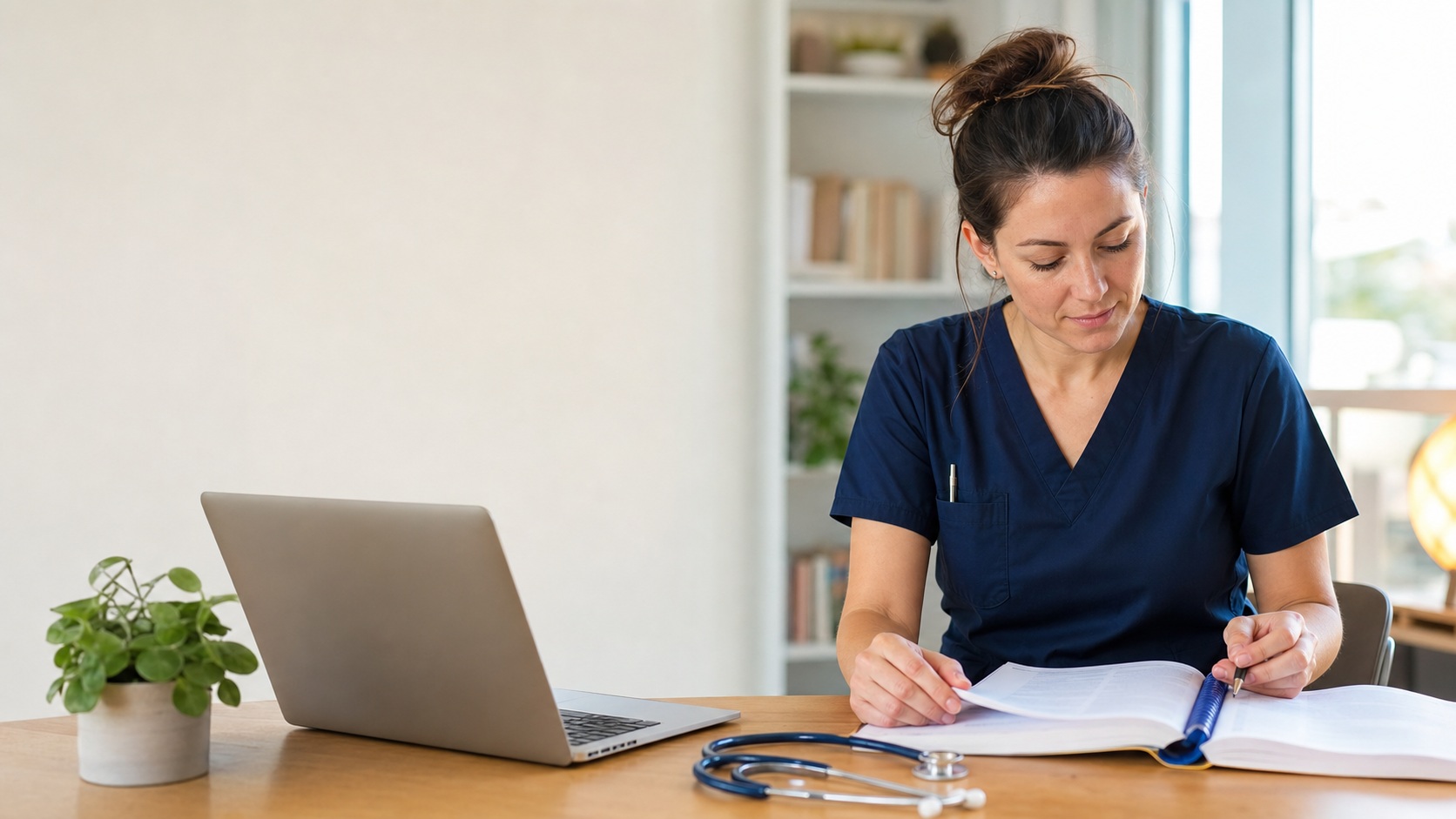 Infirmière en tenue bleue étudiant à distance à son bureau, avec ordinateur portable, documents de formation et stéthoscope.