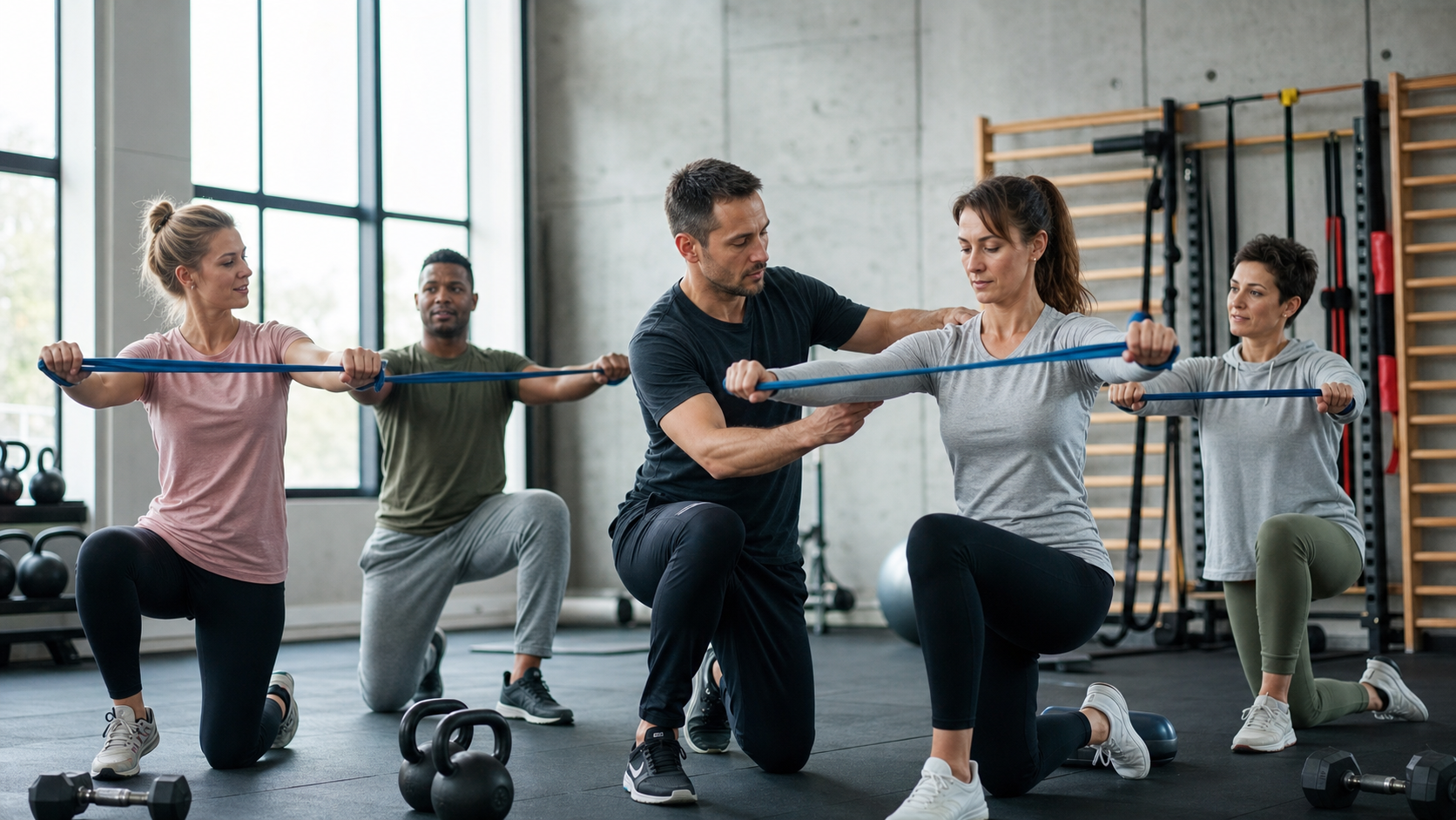 Éducateur sportif accompagnant un petit groupe d’adultes lors d’une séance de coaching dans une salle de sport moderne.