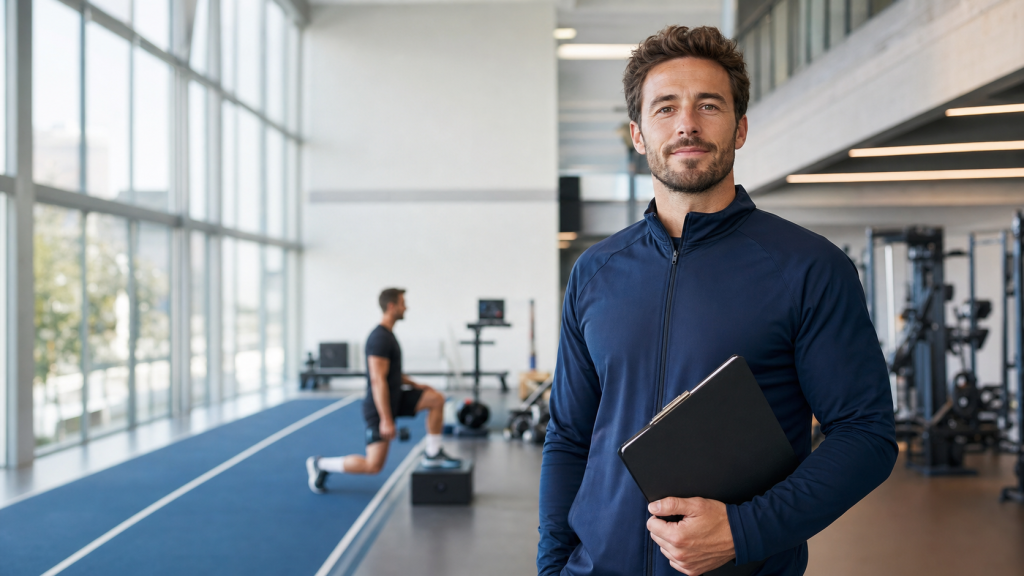 Coach sportif professionnel dans un centre d’entraînement moderne, illustrant un métier STAPS bien rémunéré.
