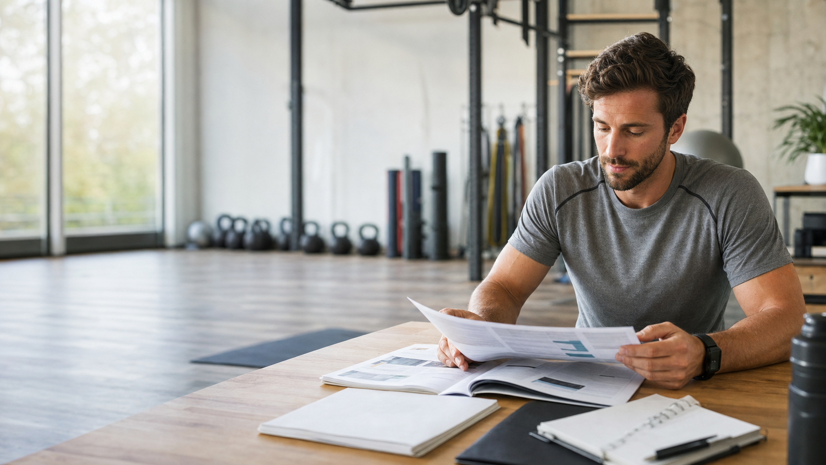 Coach sportif consultant des documents de formation dans une salle de sport lumineuse et moderne.