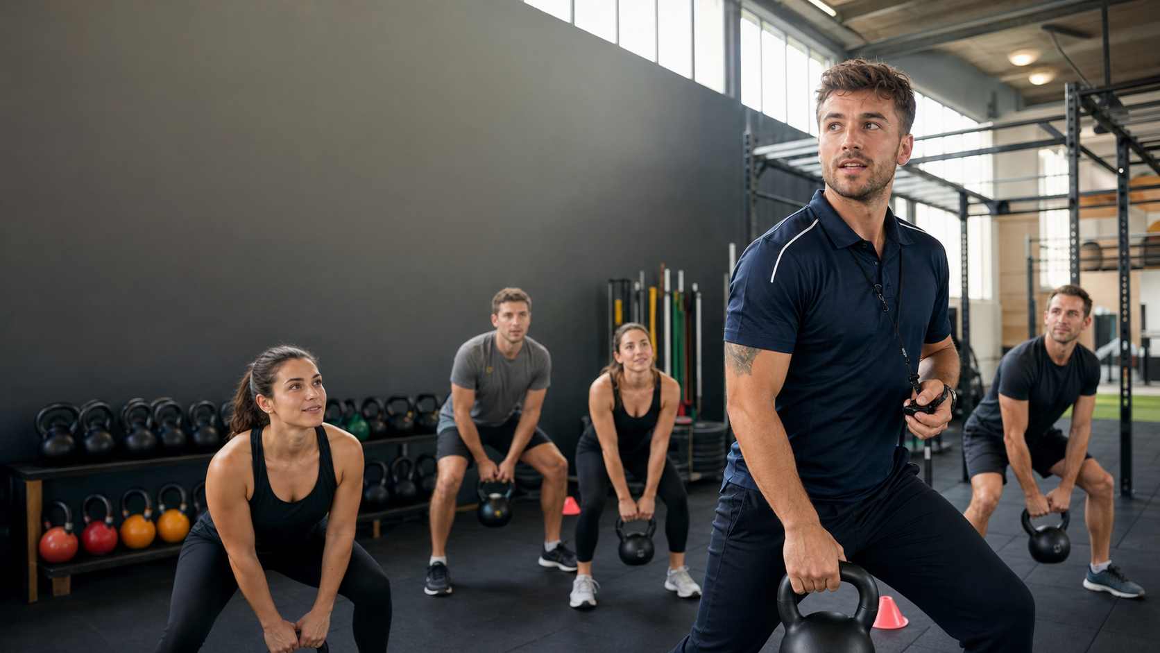 Éducateur sportif encadrant une séance de renforcement fonctionnel dans une salle de sport moderne.