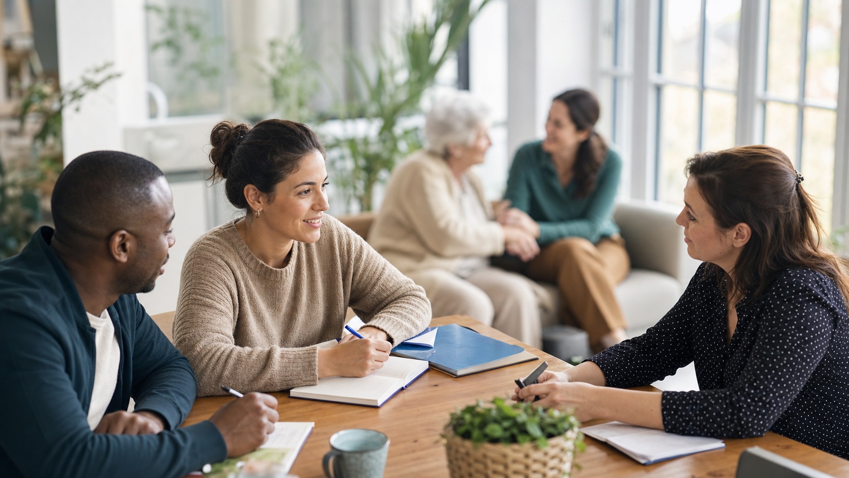 Professionnels en formation échangeant autour d’une table dans une structure médico-sociale, illustrant le CAFERUIS en alternance.