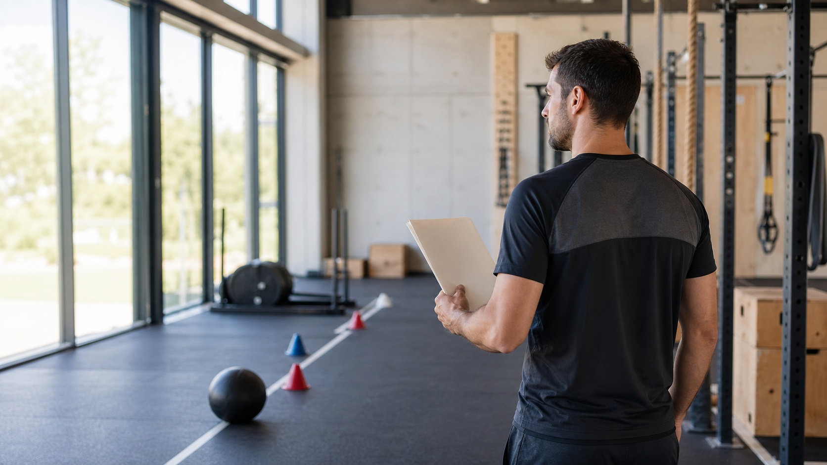 Candidat en tenue de sport tenant un dossier dans une salle d’entraînement, devant un parcours de tests physiques.
