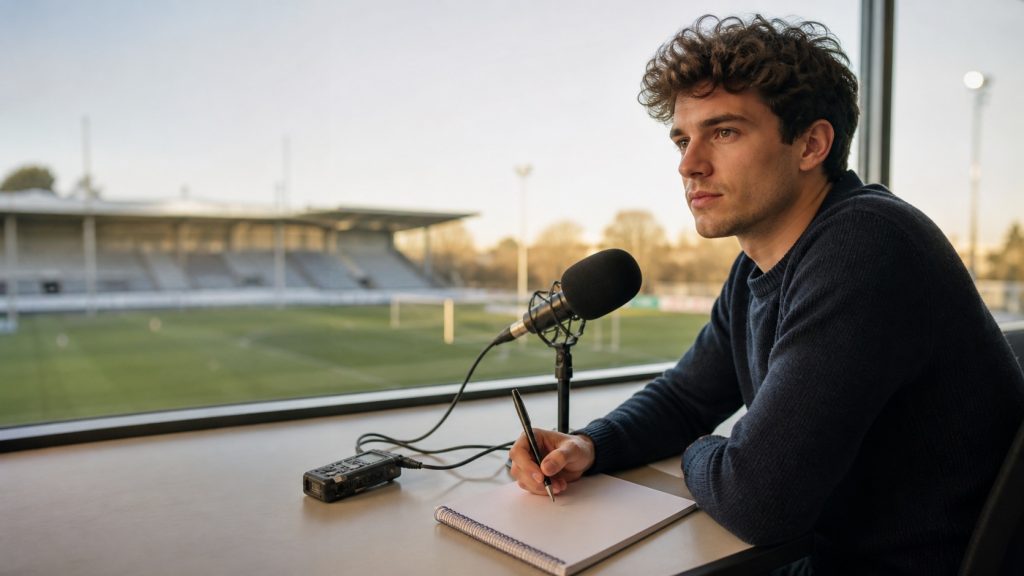 Étudiant en journalisme sportif préparant une interview avec un microphone face à un terrain de football