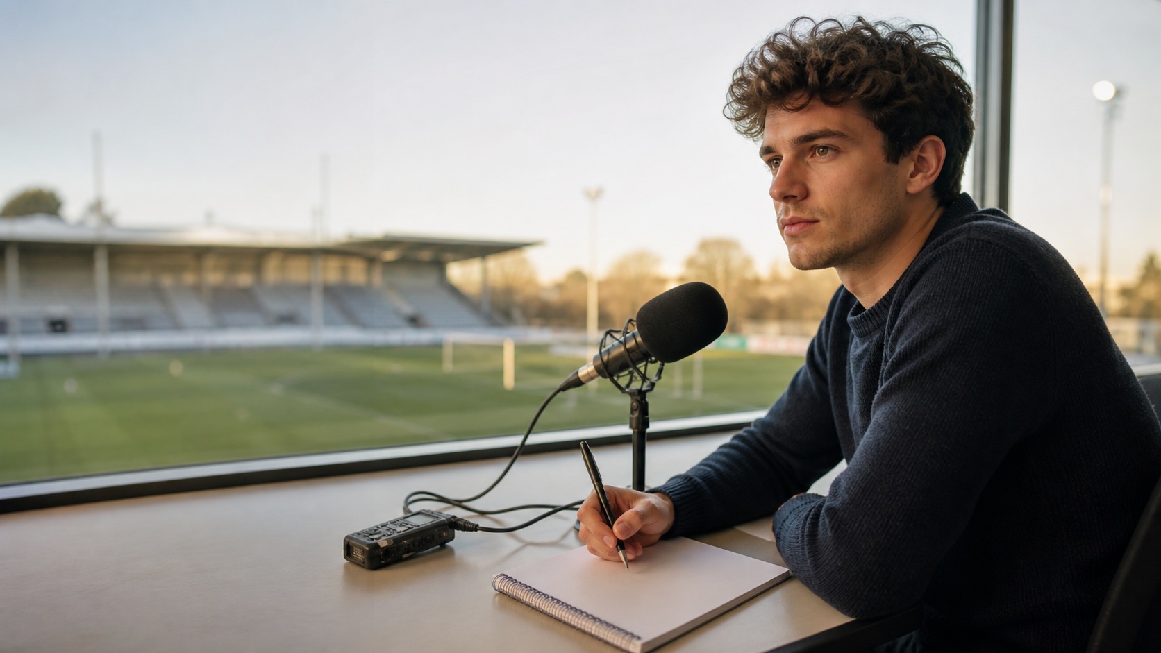 Étudiant en journalisme sportif préparant une interview avec un microphone face à un terrain de football