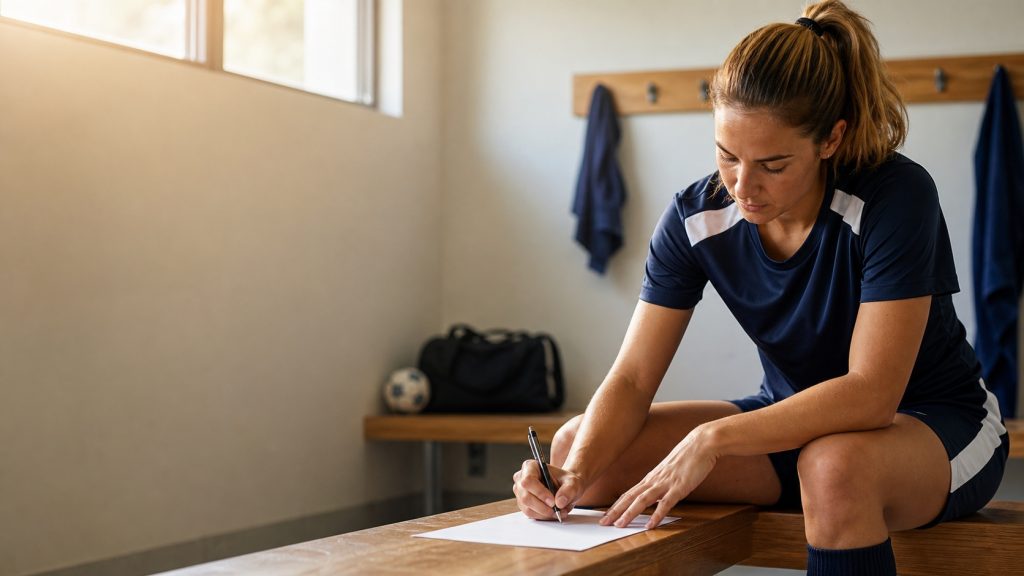 Sportive écrivant une lettre de motivation dans un vestiaire de club, avec espace libre à gauche.