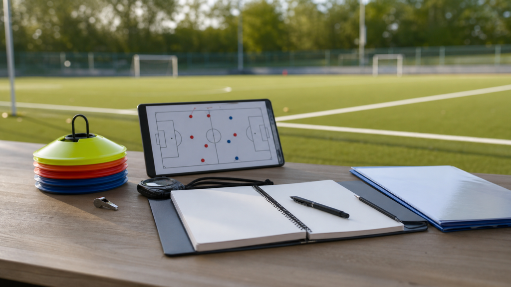 Matériel de coaching et carnet de formation près d’un terrain de sport