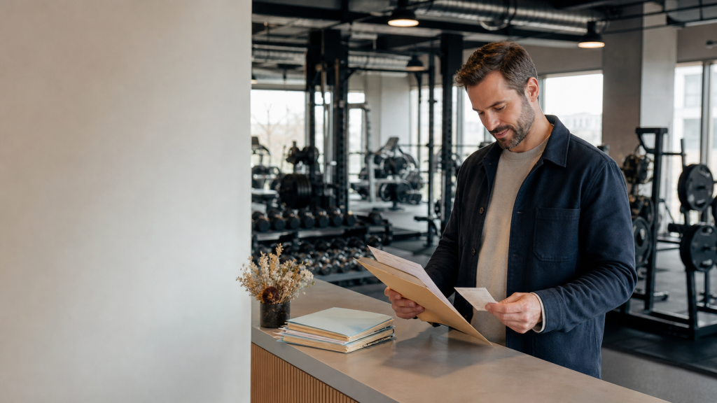 Responsable de salle de sport consultant des documents de facturation à l’accueil d’un club de fitness moderne
