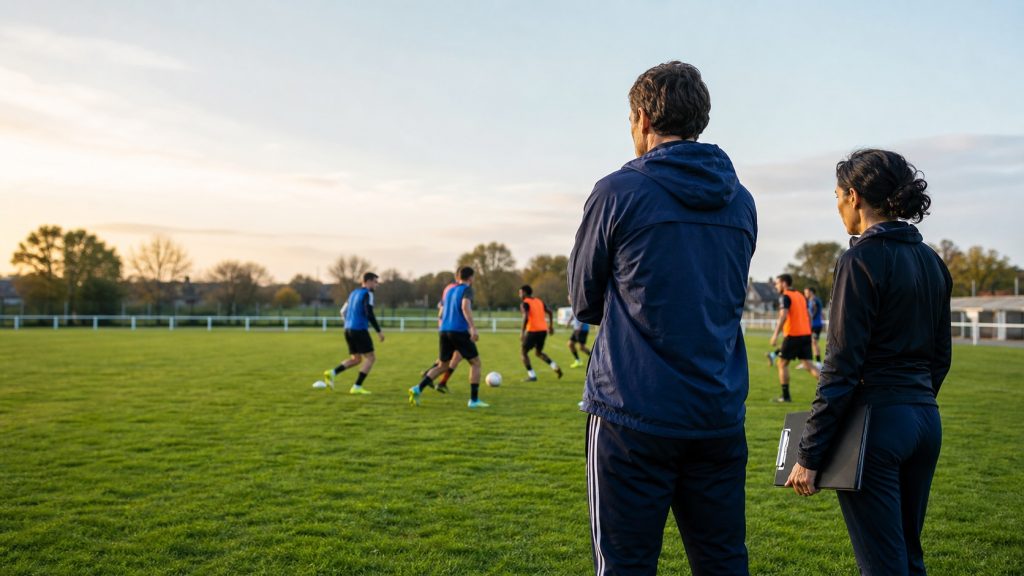 Entraînement d’une association sportive sur un terrain de football, encadré par des bénévoles