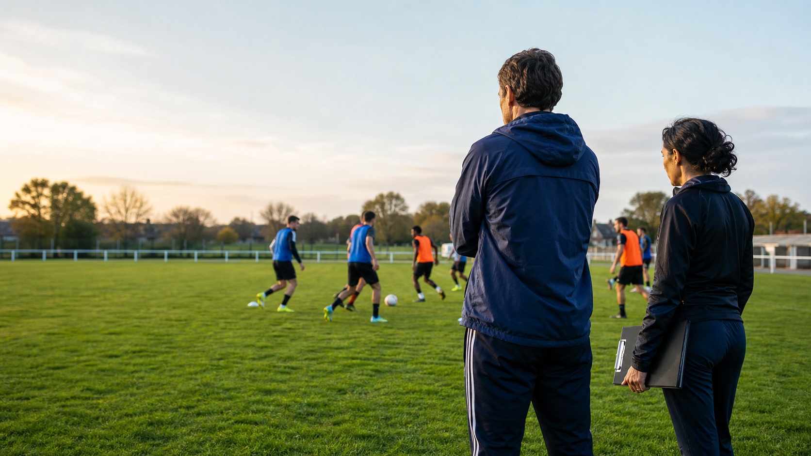 Entraînement d’une association sportive sur un terrain de football, encadré par des bénévoles